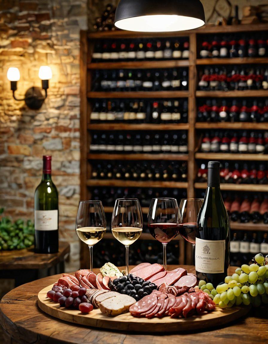 A visually stunning scene of a wine cellar filled with rows of elegant bottles showcasing red, white, and sparkling wines. In the foreground, a wine enthusiast is pouring a glass, with grapes and a charcuterie board on a rustic wooden table. Soft lighting accentuates the rich hues of the wine and the label designs. Include lush green vineyards in the background framed by a sunset. super-realistic. vibrant colors. warm ambiance.