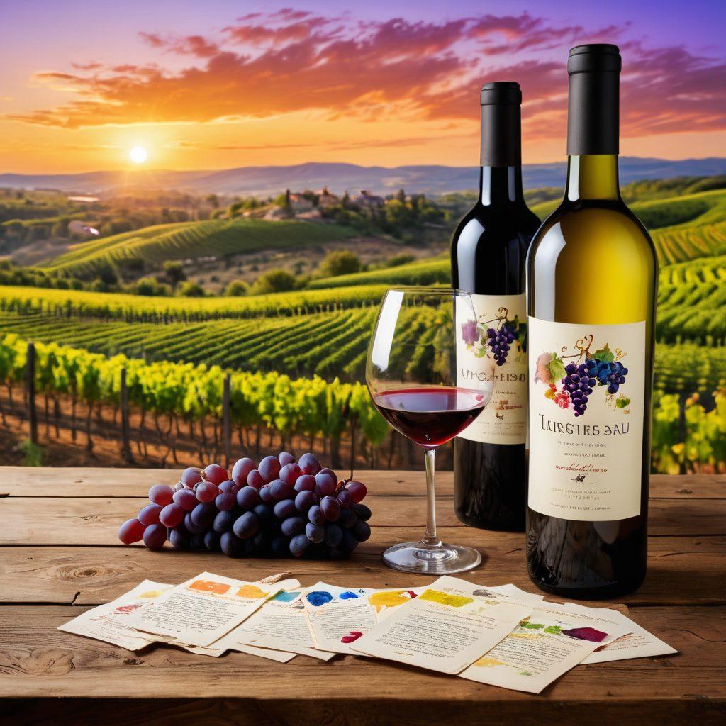 An artistic wine tasting scene showcasing a diverse range of unique grape varietals laid out on a rustic wooden table, surrounded by swirling glasses of various wines, with vibrant labels in the background. Incorporate lush vineyards under a sunset sky, highlighting the complexity of flavor profiles. Include elements like tasting notes on parchment and grapes of different colors scattered around. vibrant colors. painting.